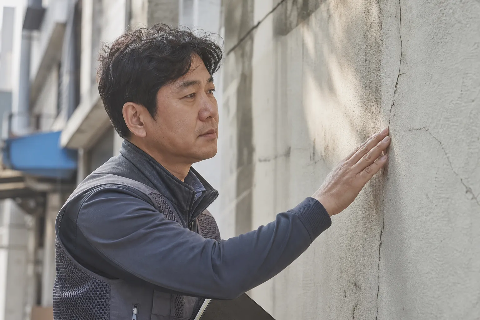 작업복을 입은 진단 담당자가 상가 외벽 앞에서 균열 부위를 손으로 짚어보며 표정 밝게 살펴보는 모습