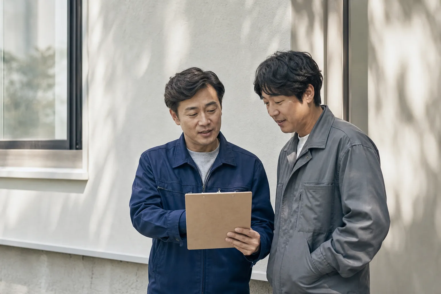 현장 진단을 마친 두 사람이 완료된 외벽 도색 구간 앞에서 서류를 함께 살펴보며 만족스러운 표정으로 대화하는 모습
