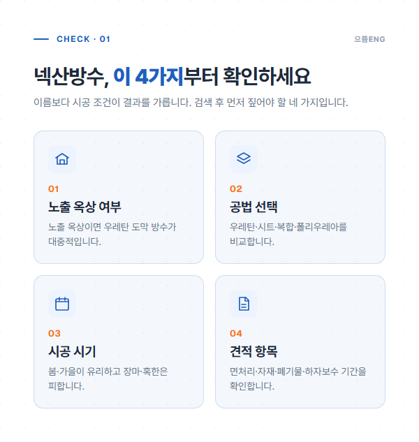 넥산방수 검색 후 확인할 4가지 — 노출 옥상 여부, 공법, 시공 시기, 견적 항목