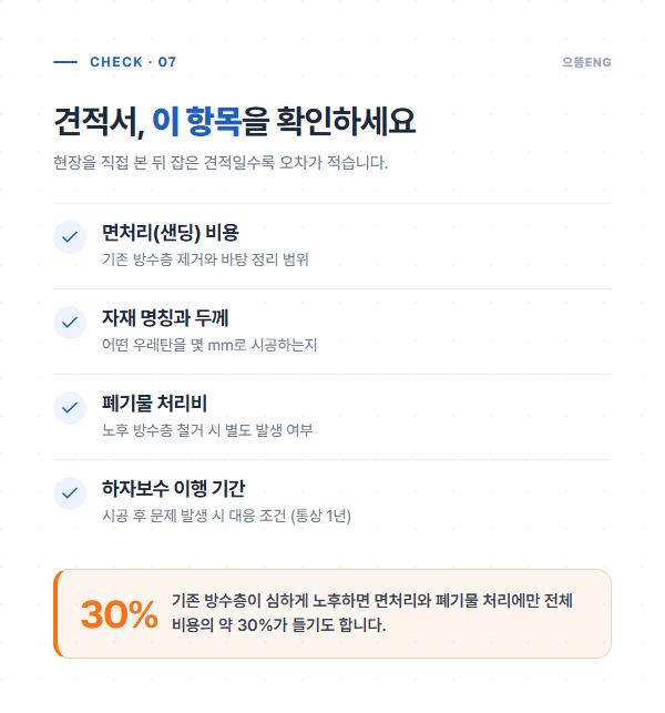 견적서 확인 항목 체크리스트 — 면처리 비용, 자재 명칭·두께, 폐기물 처리비, 하자보수 이행 기간