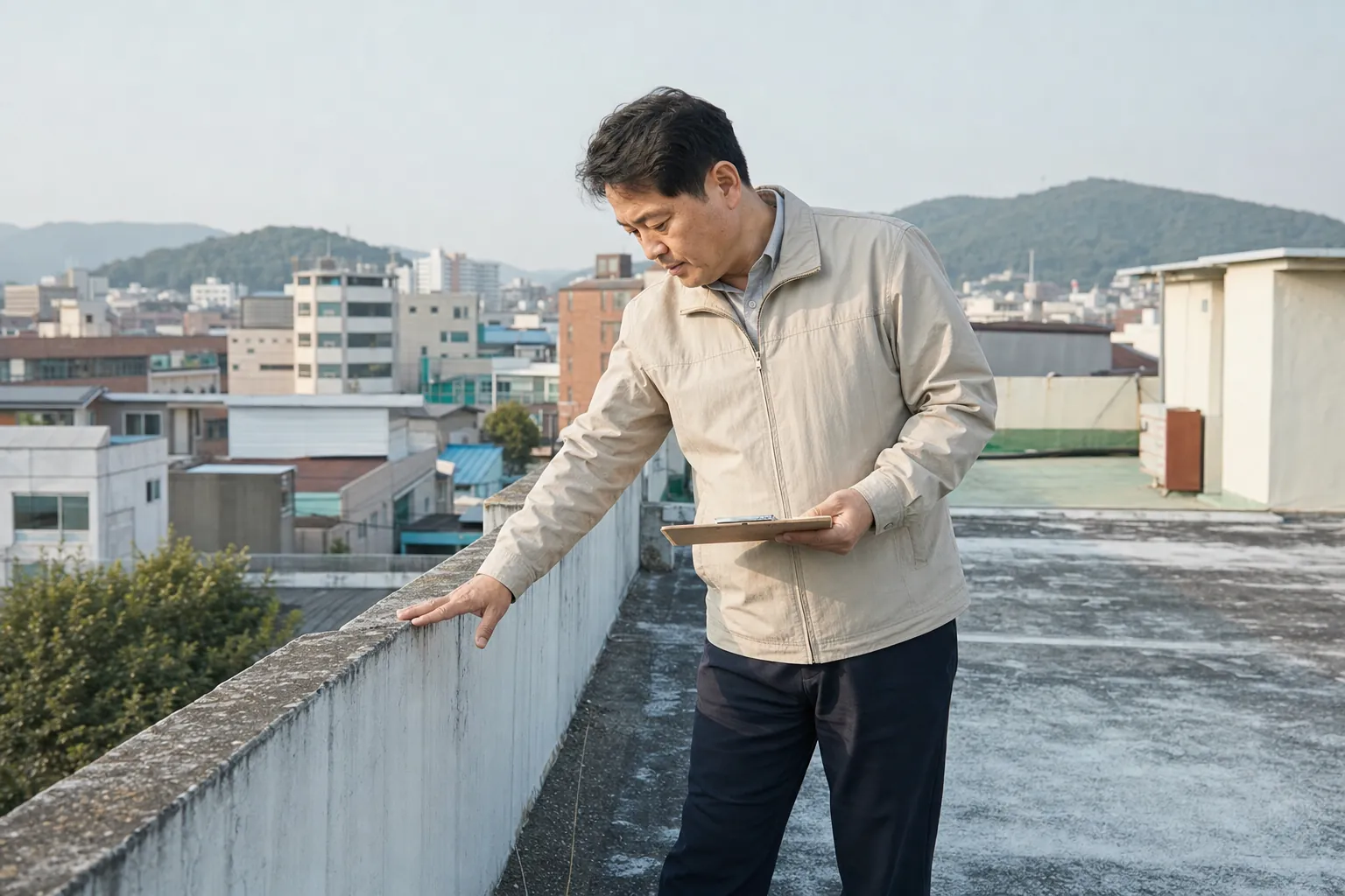 대구 동구 옥상에서 방수 상태를 차분히 점검하는 건물 관리자