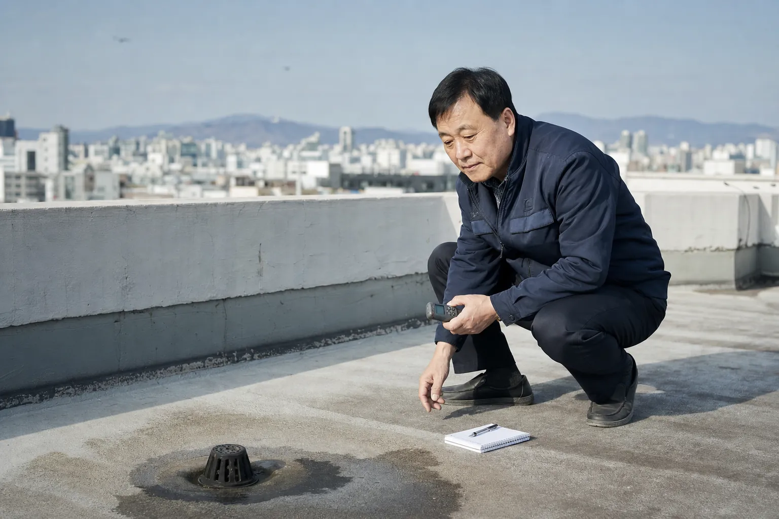대구 저층 상가 옥상에서 배수구와 물 고임 흔적을 점검하는 모습
