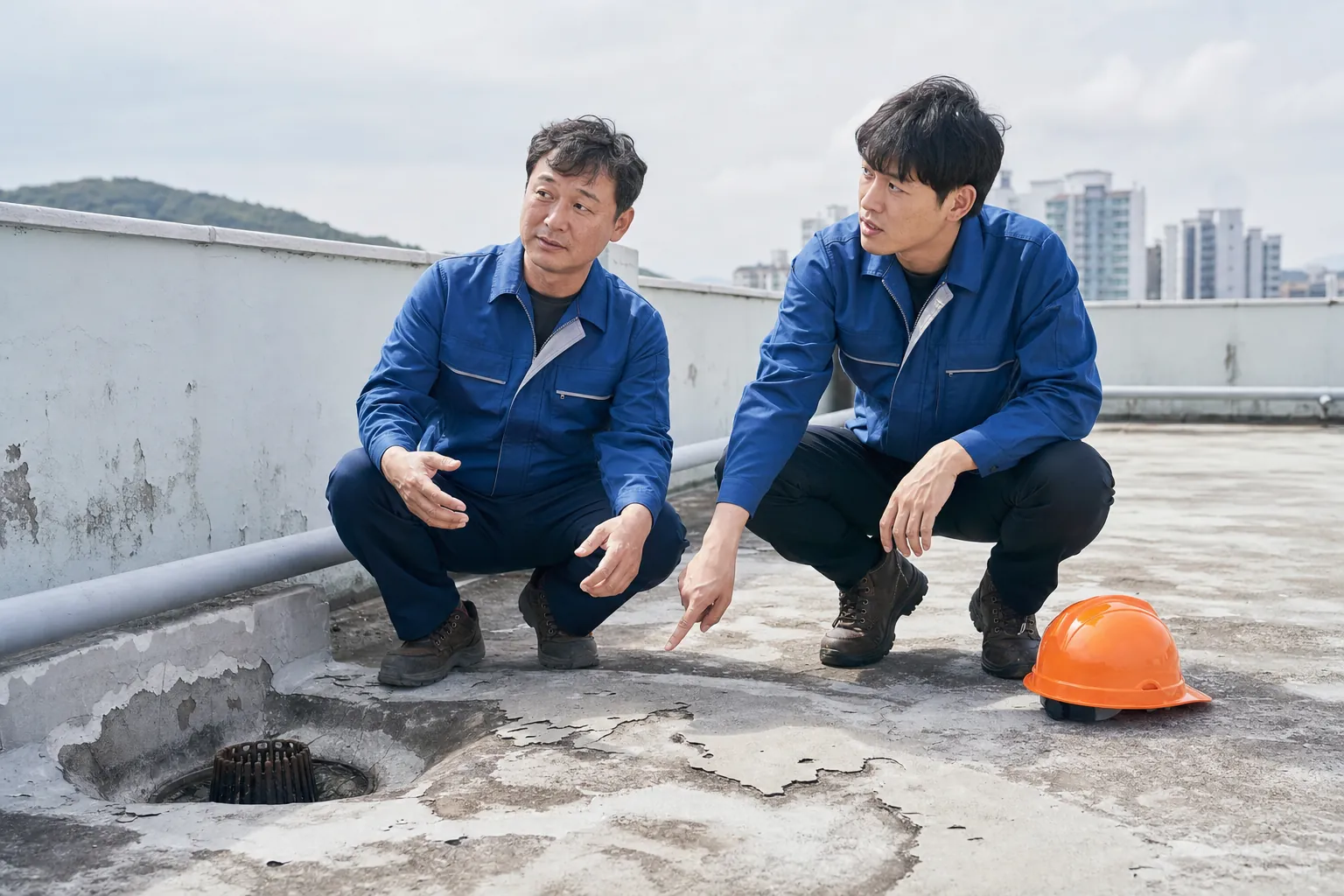옥상 콘크리트 바탕에 우레탄 방수 도막을 롤러로 도포하는 시공 장면