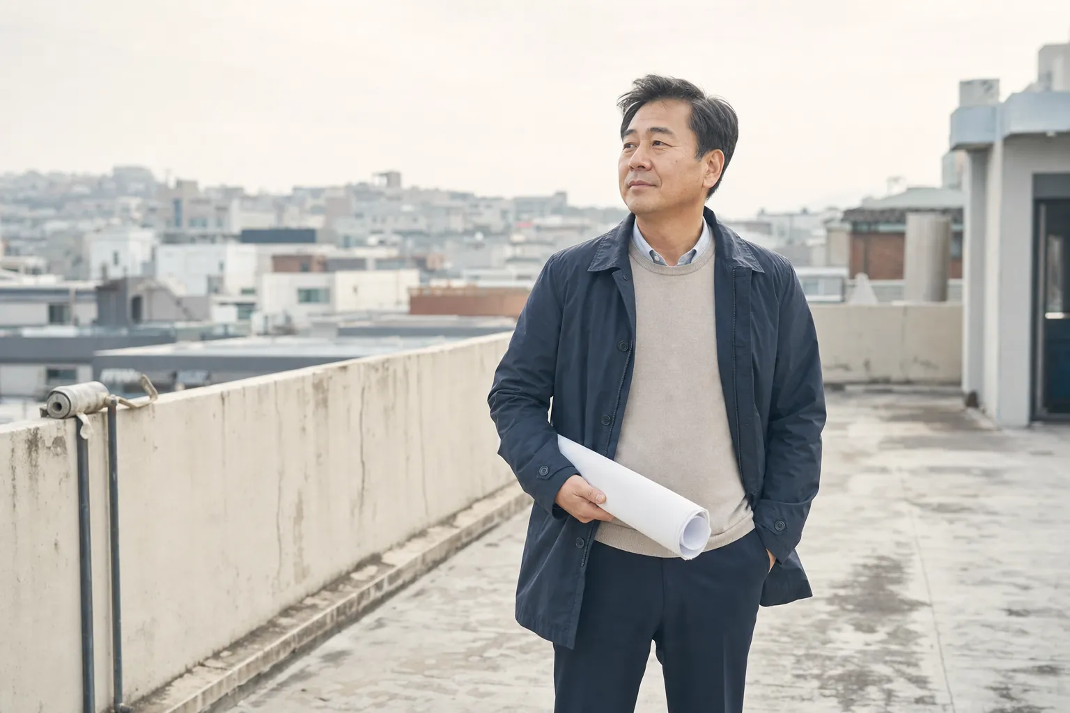 대구 수성구 상가 옥상에서 데크 시공을 계획하며 빈 옥상 공간을 살펴보는 건물주