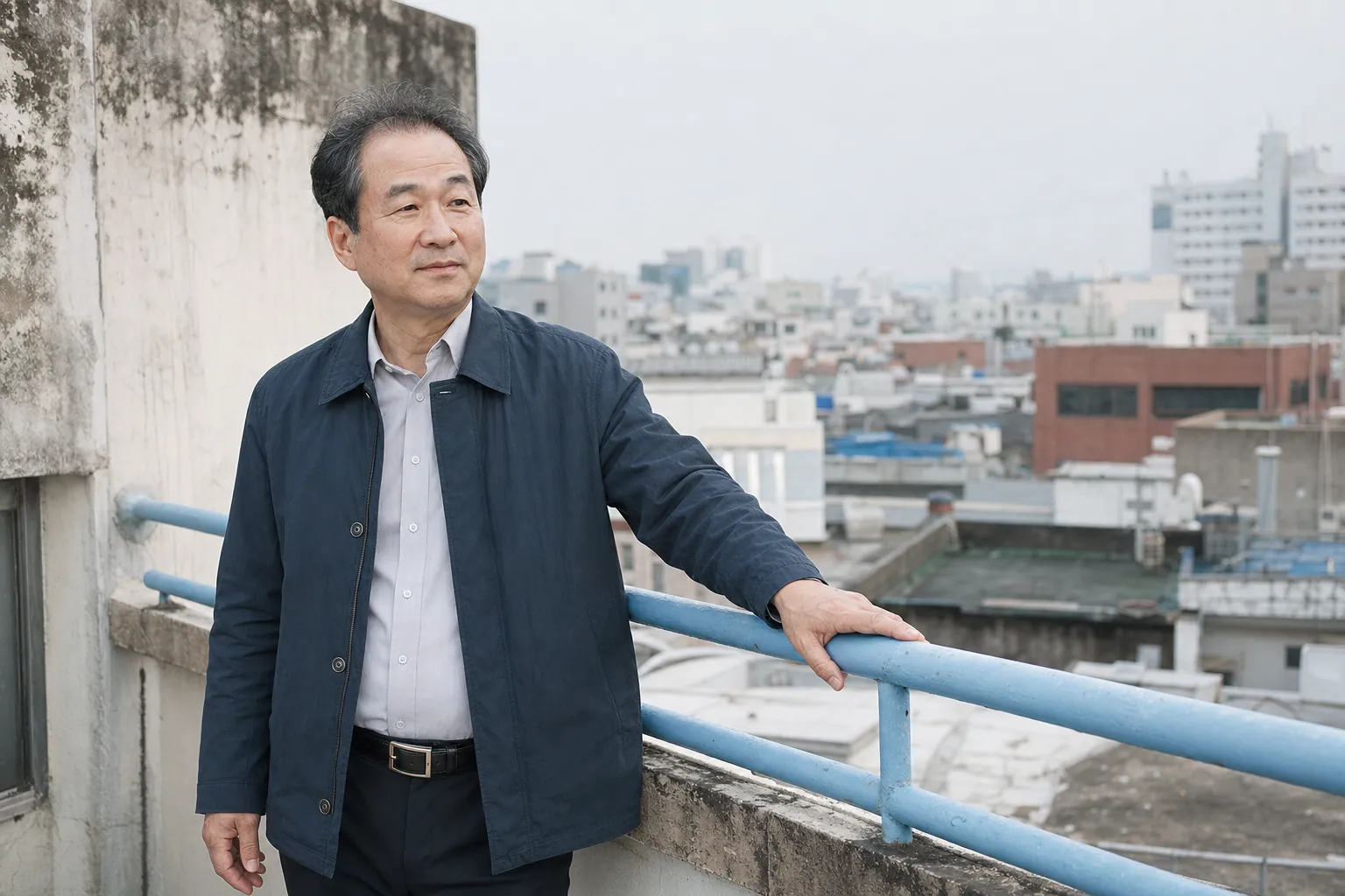 대구 노후 상가 옥상에서 금속 난간을 손으로 잡고 흔들림을 차분히 점검하는 건물주