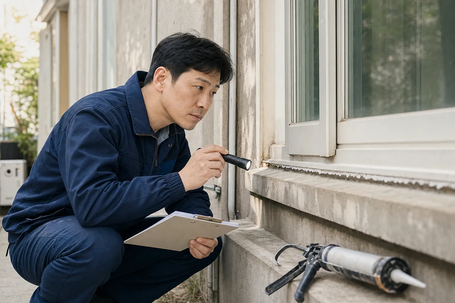 대구 건물 창틀 이음부 실링 상태를 점검하는 방수 시공자