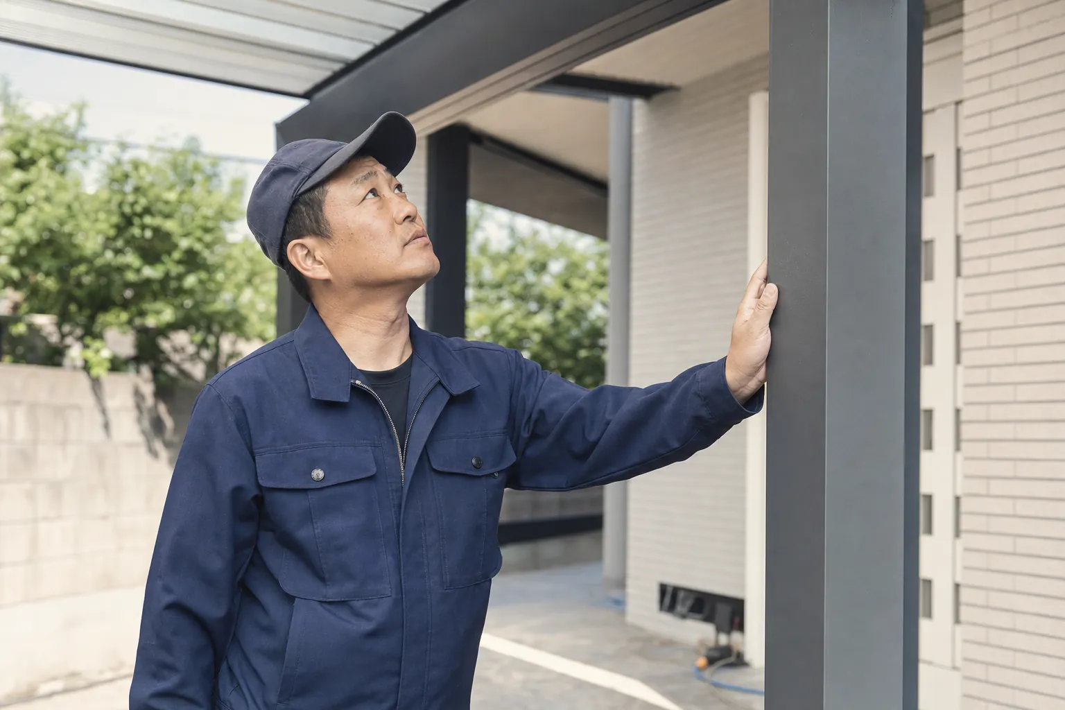 대구 주택 야외 주차 공간에서 케노피 설치를 준비하는 시공 담당자