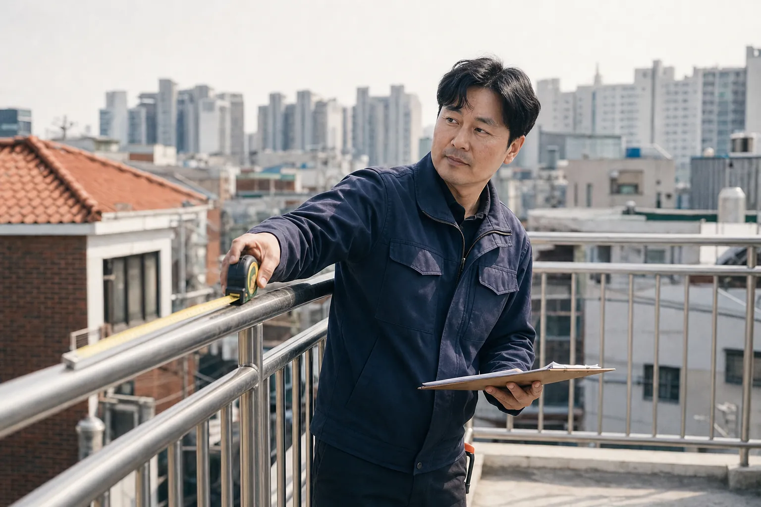 대구 달서구 아파트 옥상에서 새로 설치한 철제 안전난간을 줄자로 확인하는 시공 기술자