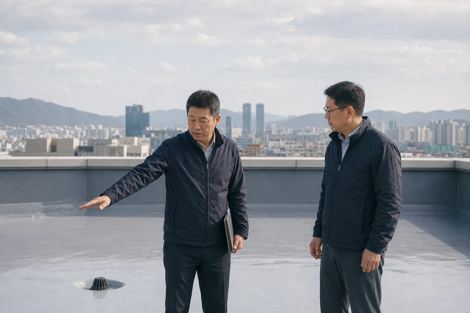 대구 현장에서 마무리된 옥상 방수면을 함께 점검하는 관리 담당자들
