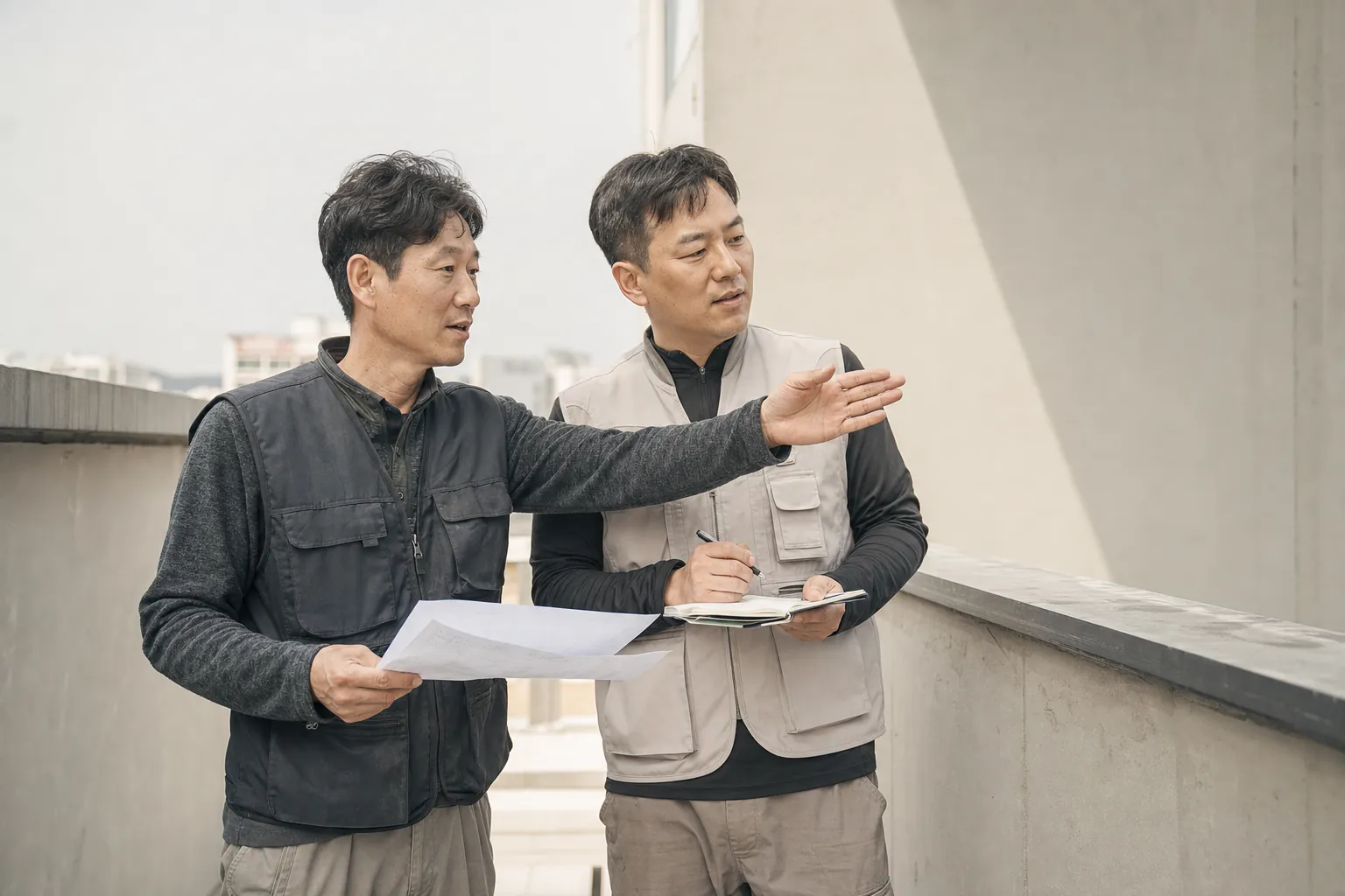 옥상에서 견적과 현장 상태를 함께 살피는 시공 담당자