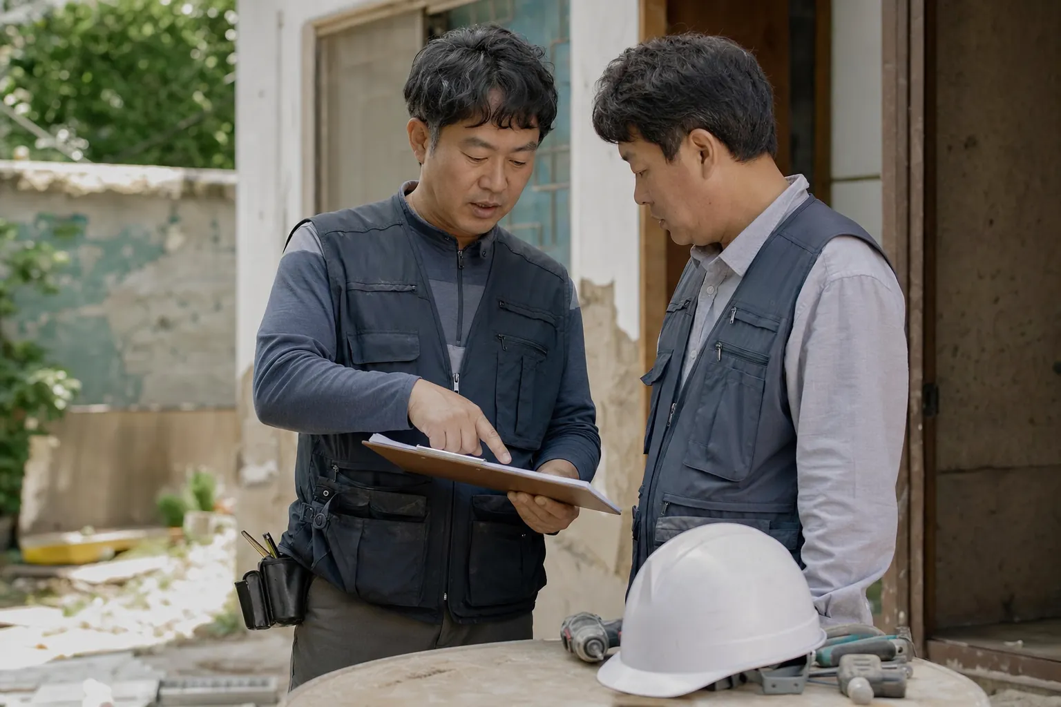 건물 현장에서 견적서를 함께 검토하는 두 시공 담당자