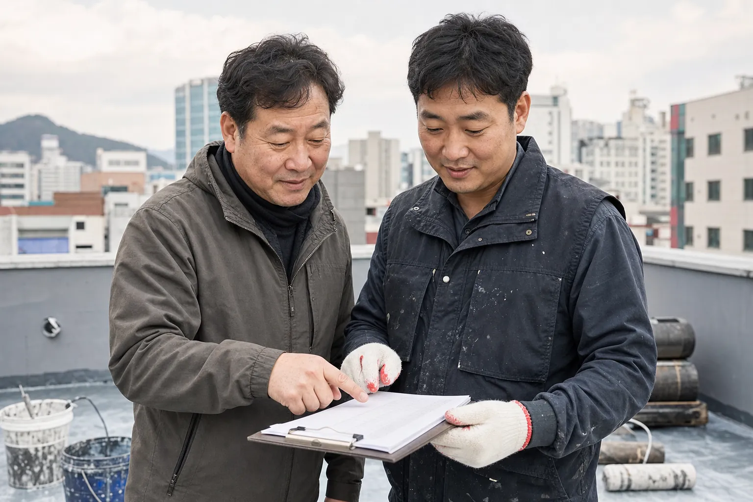 옥상 현장에서 항목별 견적서를 함께 확인하는 건물주와 방수 시공 담당자