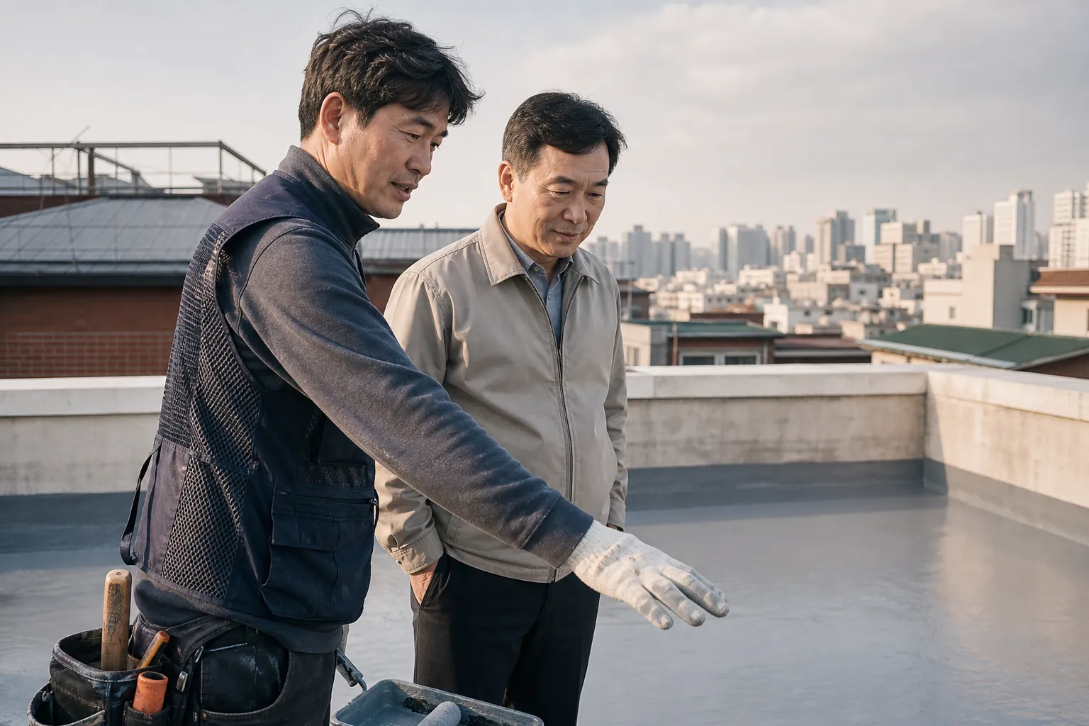 옥상에서 방수 시공 부위를 함께 확인하며 논의하는 시공자와 건물주