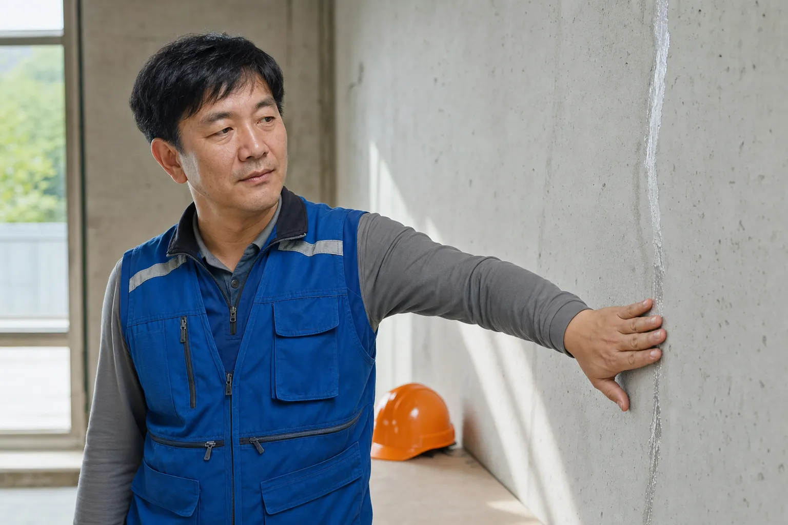 주입 보수를 마친 벽면을 손으로 확인하는 장면