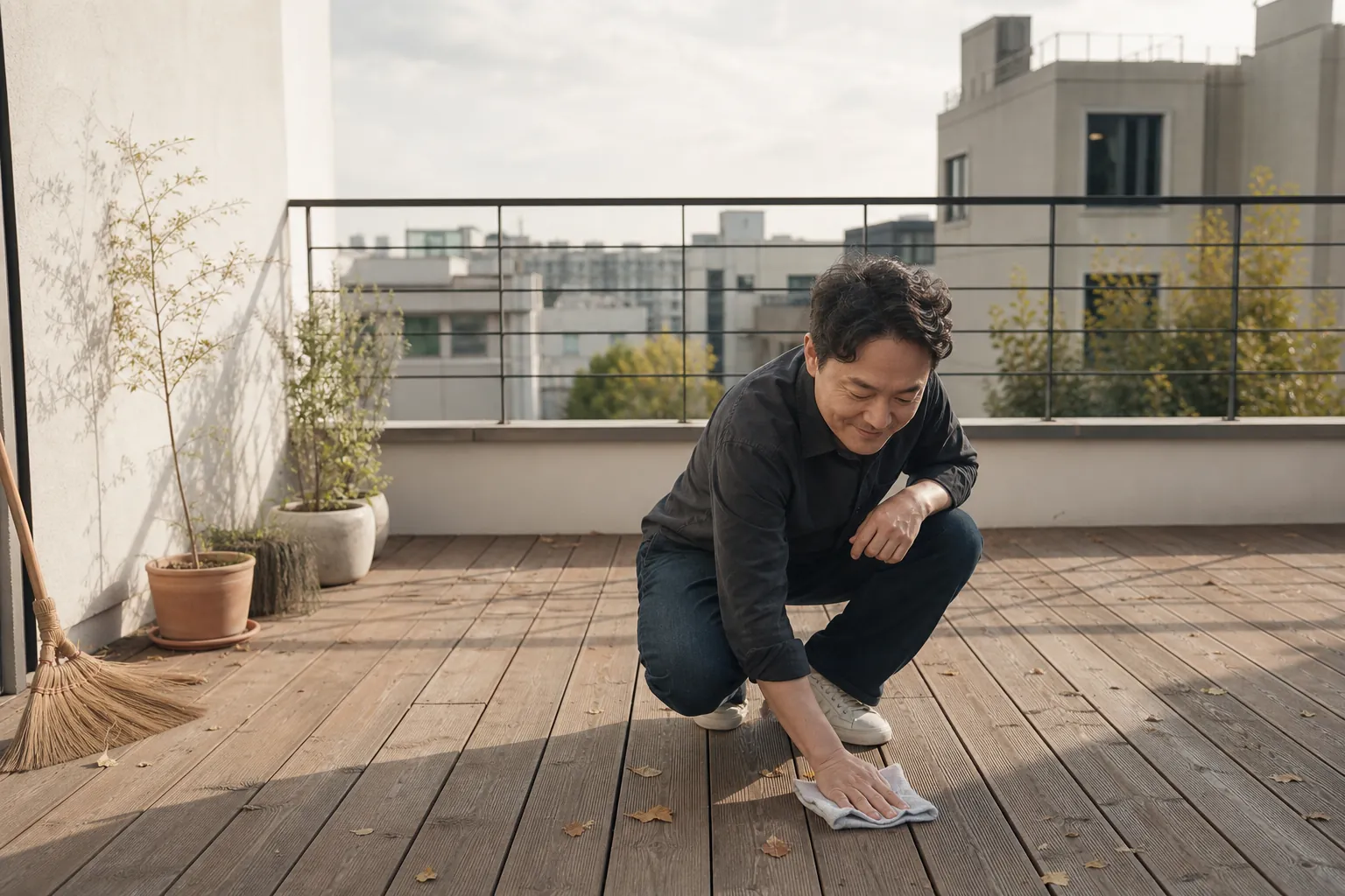 완성된 옥상 데크에서 낙엽을 쓸며 표면 상태를 점검하는 유지관리 장면