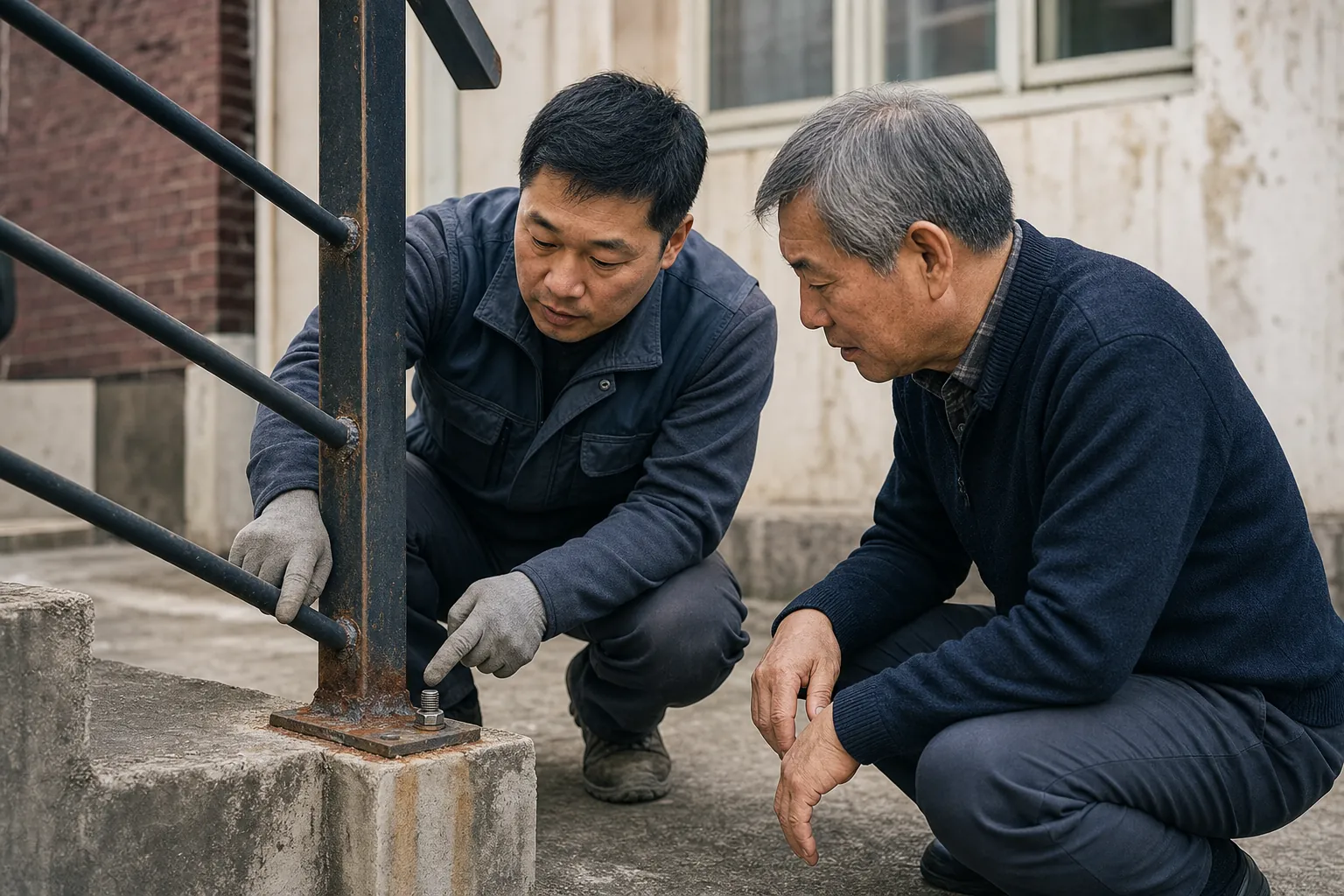 외부 철계단 난간의 용접부와 기둥 밑동 부식 상태를 함께 살피며 점검을 논의하는 시공자와 건물주