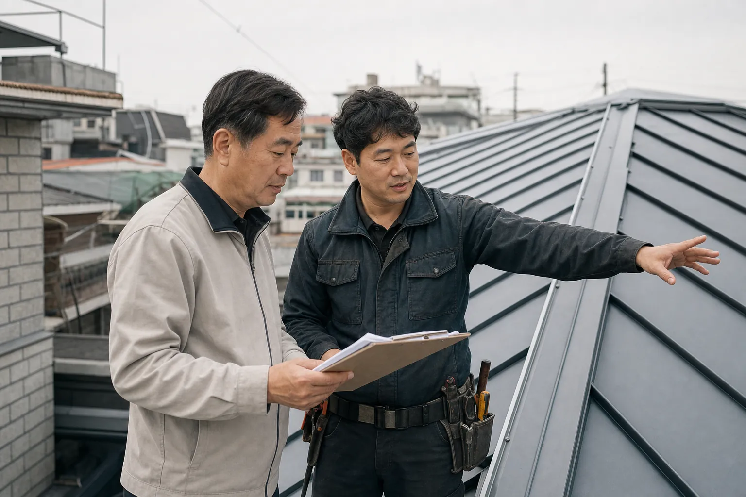옥상에서 건물주와 시공 담당자가 견적서를 함께 보며 지붕 마루선을 가리키며 상의하는 모습
