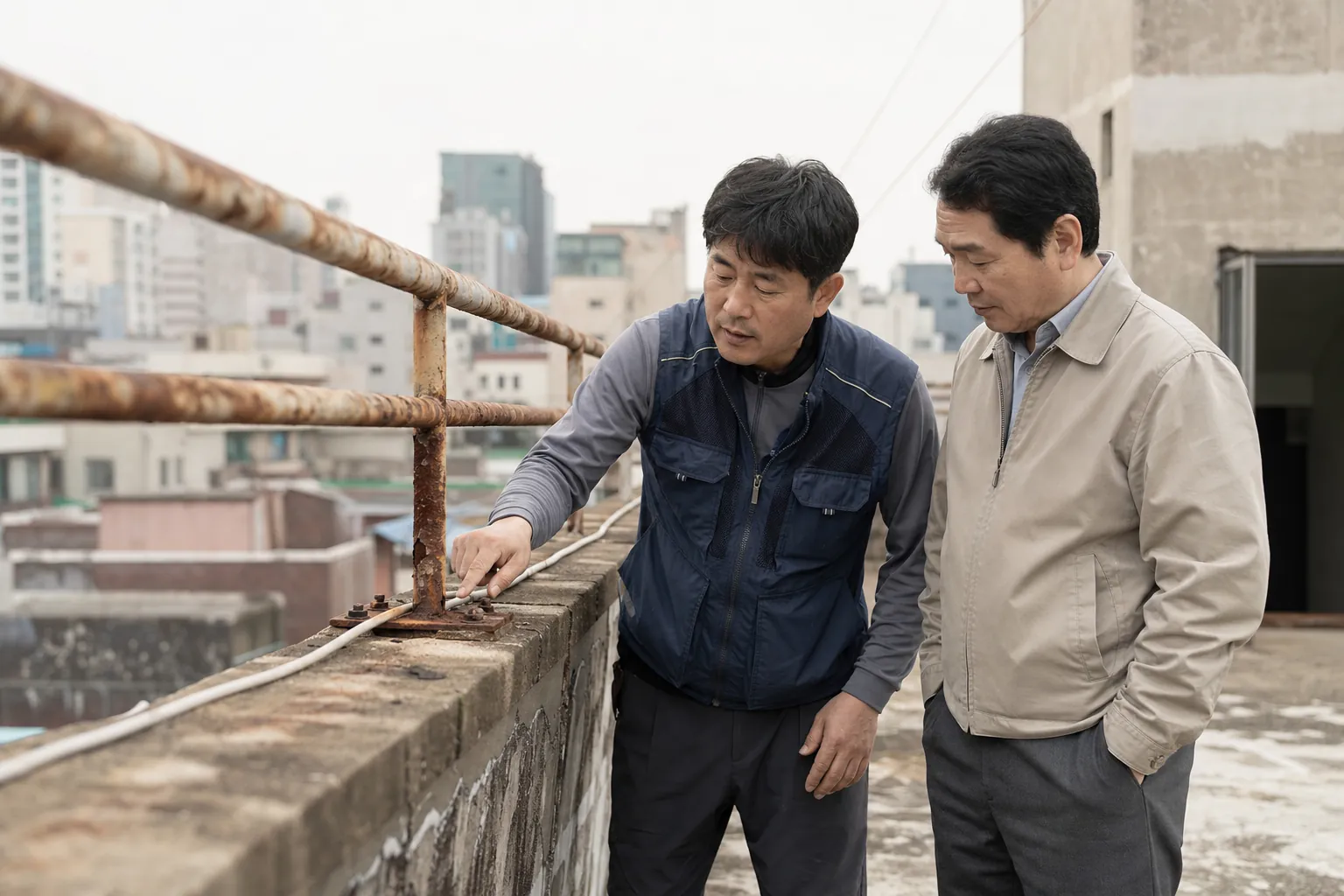 건물 옥상에서 부식된 노후 난간의 고정부를 함께 살펴보는 건물주와 잡철 시공 담당자