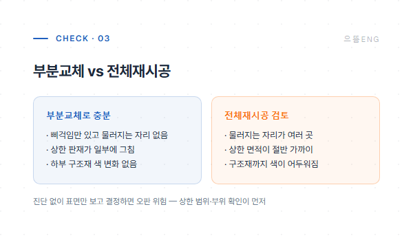 부분교체와 전체재시공 판단 기준 비교