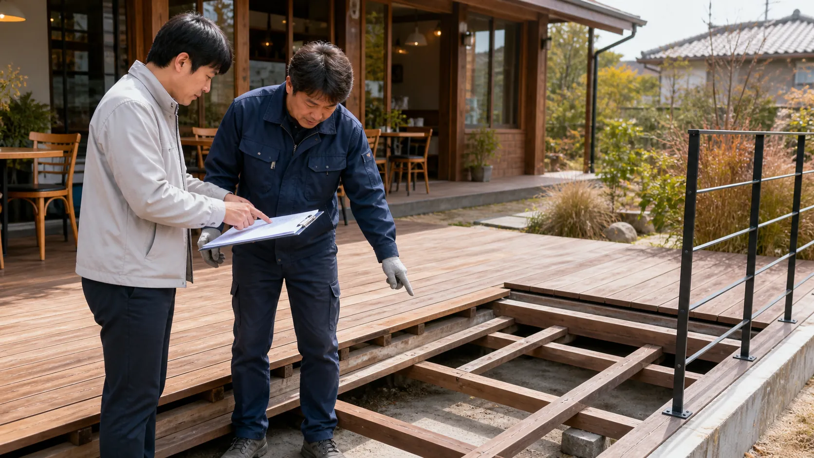 야외 데크 앞에서 견적서를 놓고 시공 범위를 확인하는 담당자와 시공자