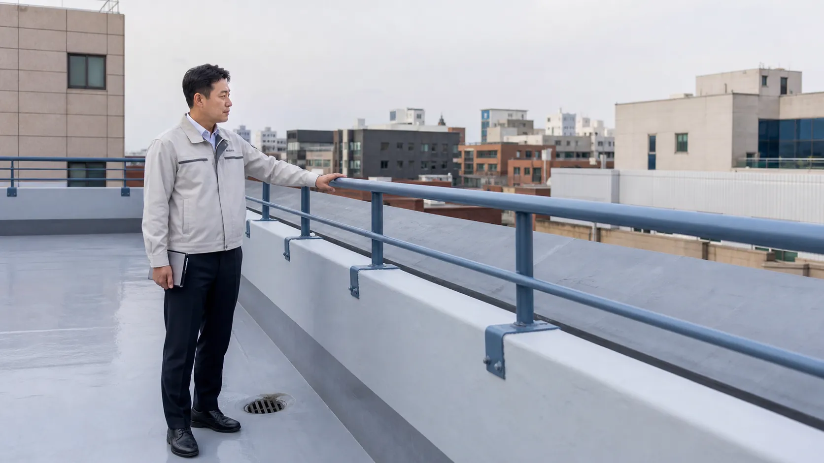 옥상 파라펫에 설치된 난간을 확인하는 건물 관리 담당자