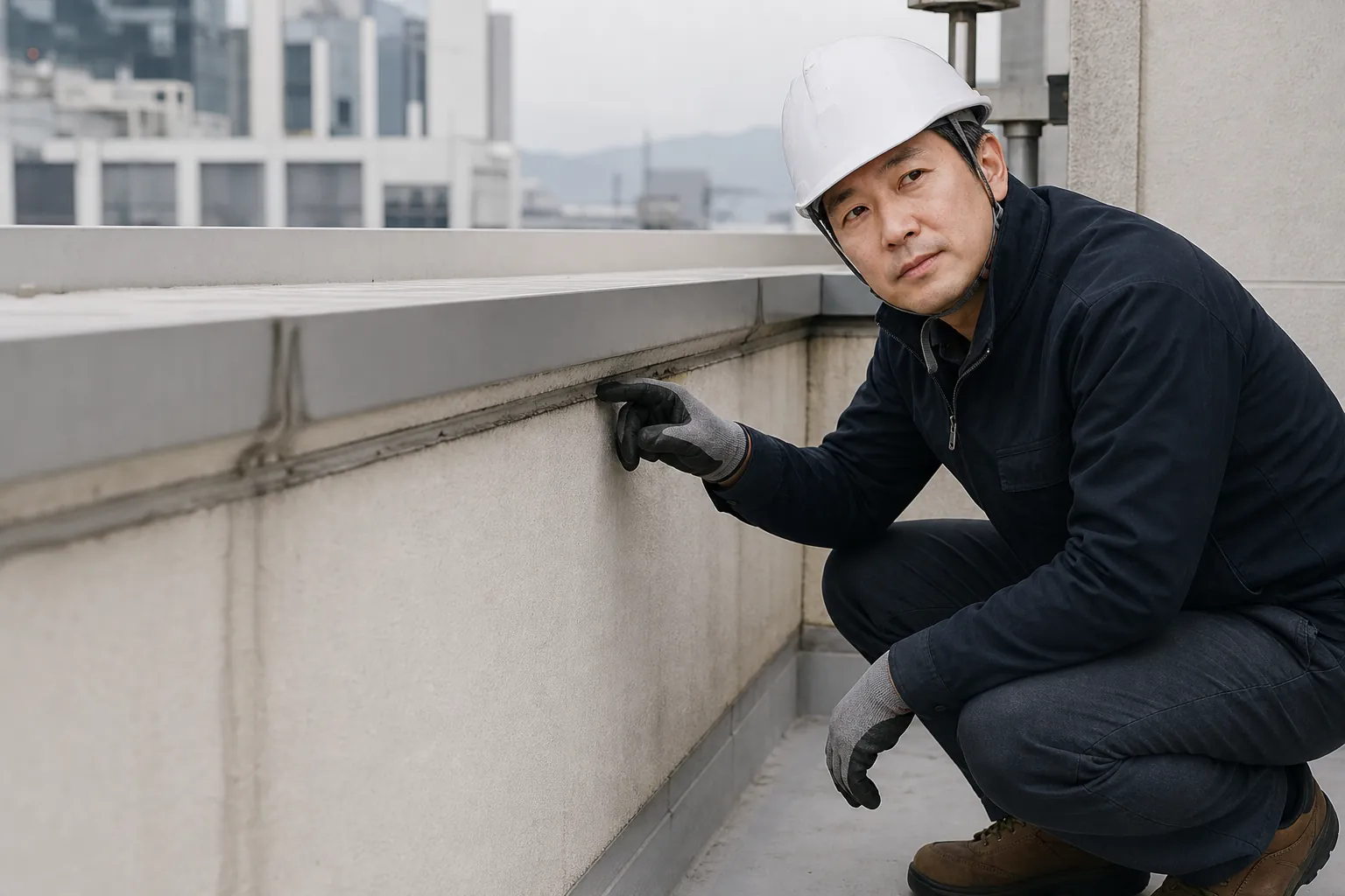 옥상과 외벽 접점을 함께 확인하는 시공 기술자