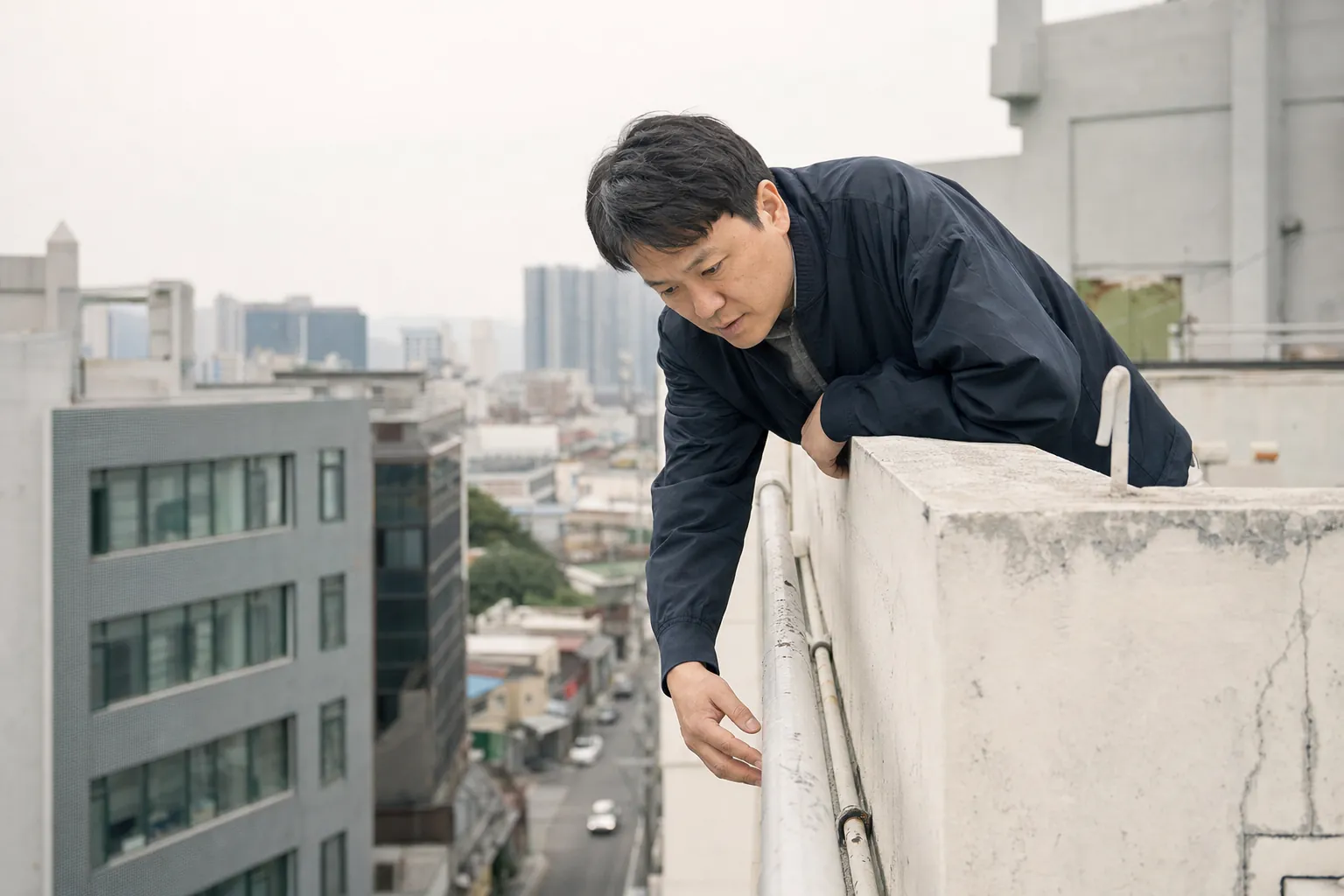 옥상 난간에서 건물 외벽 상태를 살펴보는 방수 시공 담당자