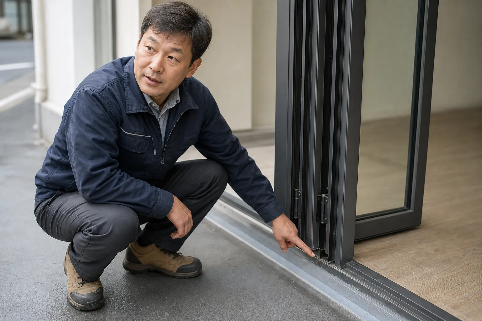 폴딩도어 하부 프레임과 바닥 방수 접점을 살펴보는 시공 담당자