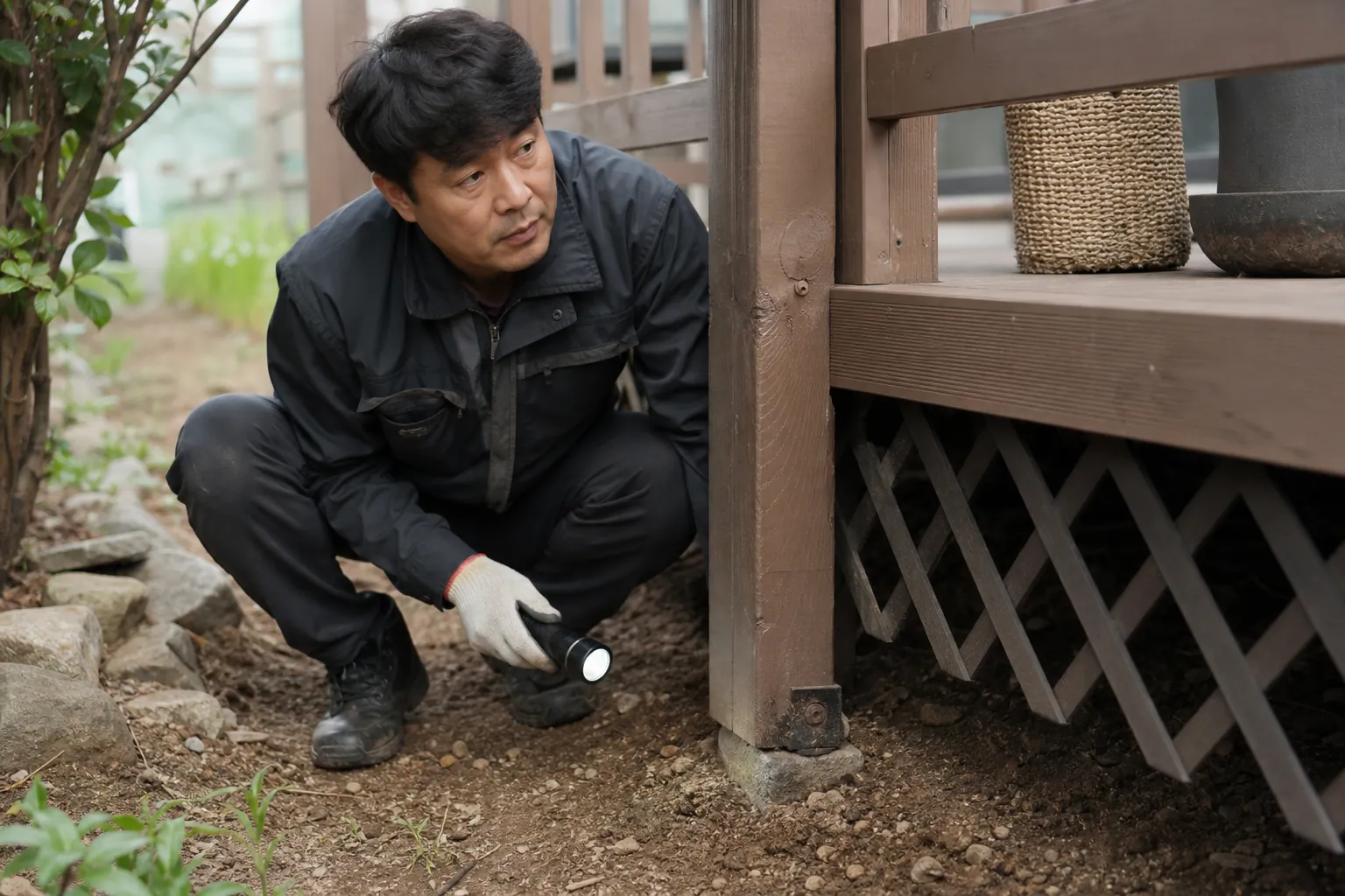 지면에 닿는 데크 기둥 하부 상태를 확인하는 시공 담당자