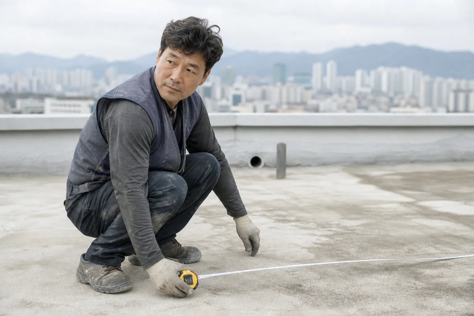 옥상 면적을 실측하는 방수 시공 담당자