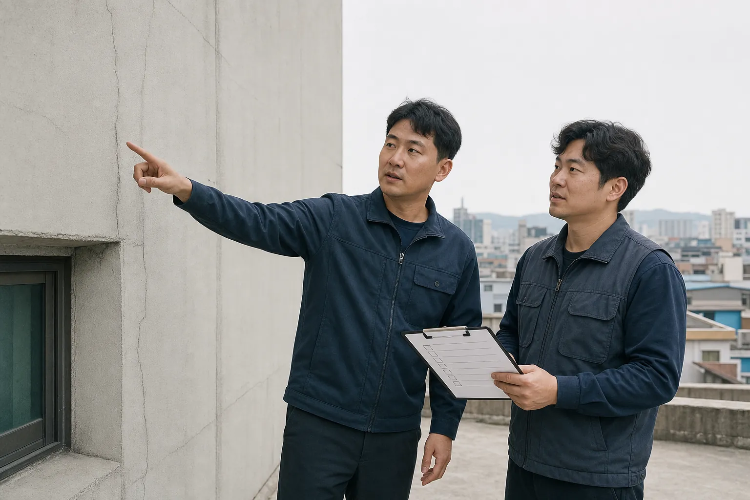 두 명의 방수 시공 담당자가 옥상에서 진단 결과를 논의하는 모습